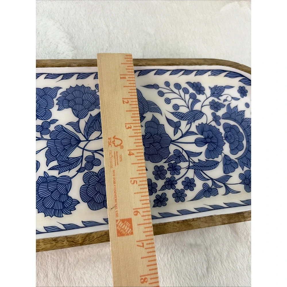 AVA Premium Handcrafted Long Decorative Tray Blue & White Floral Ceramic Inlay